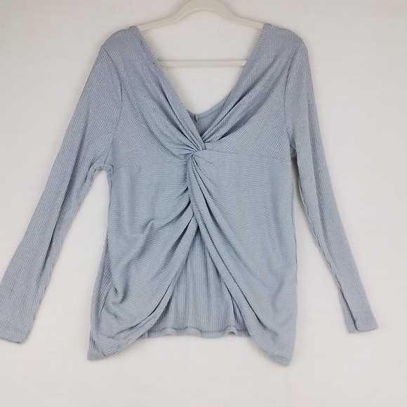 Soncy Ribbed Knit Sweater Sz 10 Gray Oversized Stretchy V Neck Twist Open Back - Picture 6 of 11